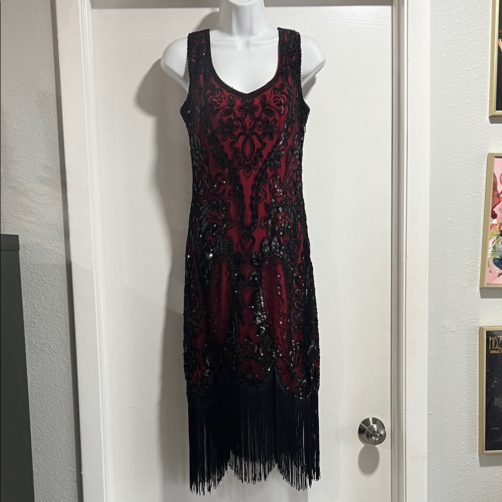 Black and Red Embellished Midi Dress